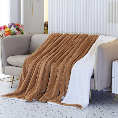 SOCHOW Waffle Sherpa Fleece Throw Blanket, Super Soft Fuzzy Warm, Lightweight Fluffy Reversible Plush Blanket for Bed Sofa Couch, 50 x 60 Inches Camel