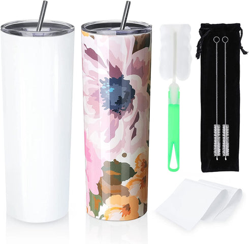 20oz Sublimation Skinny Tumbler Sets White Blank with Lids Straws for Heat Transfer Stainless Steel Double Wall Insulated Skinny Tumbler Vacuum DIY Gift Brush Shrink Film 2 Pack