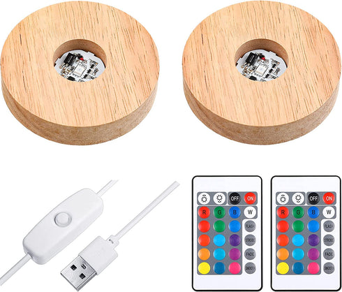 Mudder 2 Pieces LED Light Base Display Base Lighted Rotating Display Stand,16 Colored USB Light Round Table Light Base Wood Crystal Light Glass Art Table Centerpiece with Remote Control (Round)