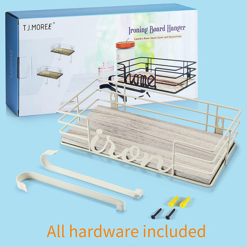 TJ.MOREE Ironing Board Hanger Wall Mount - Laundry Room Decor Iron and Ironing Board Holder, Metal Wall Mount with Large Storage White Wooden Base Basket and Removable Hooks (White)
