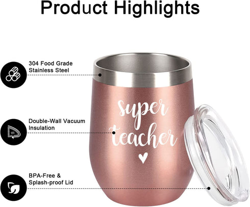 Super Teacher Stainless Steel Wine Tumbler, Christmas Birthday Appreciation Retirement Teacher™s Day Thank You Gifts for Teacher Tutor Professor Women, 12 oz Insulated Wine Tumbler with Lid, Rose Gold