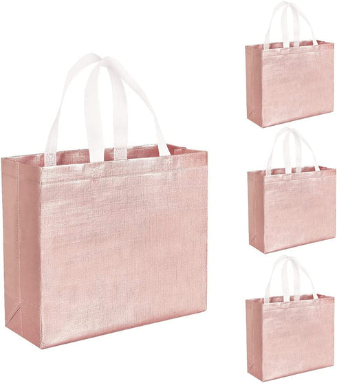 12 PCS Glossy Reusable Grocery Shopping Bags Stylish Tote Bags with Handle Non-woven Gift Bags Bridesmaids Bags Goodies Bag for Women Bridesmaid Birthday Party Wedding Christmas (Rose Gold)