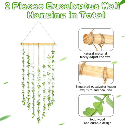 Artificial Eucalyptus Greenery Hanging Boho Wall Decor Fake Eucalyptus Vines Wall Hanging Plant with Wooden Sticks Rustic Boho Wall Decor for Wedding Bedroom Entryway Home Party
