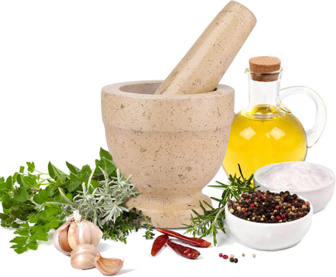 Flexzion Mortar & Pestle Set, Marble Yellow, Kitchen Cooking Accessories/Housewares - Solid 4 in Heavy Granite Molcajete Stone Grinder Crusher Bowl for Guacamole, Herbs, Spices, Garlic, Medicine Pills
