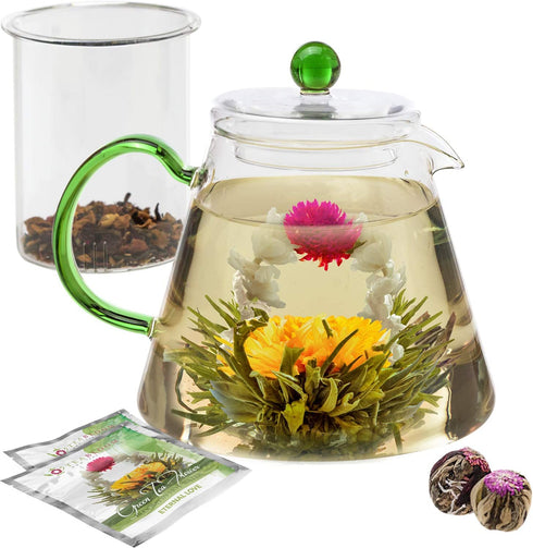 Teabloom Blooming Oasis Teapot - 34 oz Borosilicate Glass Teapot, Glass Tea Infuser, 2 Blooming Teas - Thermal Shock Resistant - Stovetop, Microwave, Dishwasher Safe - Holds 3-4 Cups