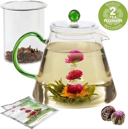 Teabloom Blooming Oasis Teapot - 34 oz Borosilicate Glass Teapot, Glass Tea Infuser, 2 Blooming Teas - Thermal Shock Resistant - Stovetop, Microwave, Dishwasher Safe - Holds 3-4 Cups