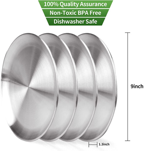4-Piece 9" Stainless Steel Plates, Rutian 18/8 Metal Round 304 Dinner Dishes for Adults, Reusable and Dishwasher Safe, Serving Camping Salad Plate for Home, Outdoor Camping, Snack and BBQ