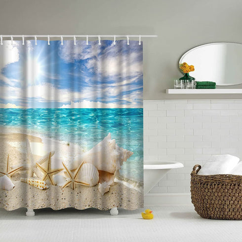 Artsbay Blue Sea Shower Curtain Set Starfish Seashells on Ocean Beach Eco-Friendly Waterproof Polyester Fabric Bathroom Bath Curtains 12 Hooks Included 72x72inches