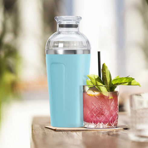 Oggi Groove Insulated Cocktail Shaker-17oz Double Wall Vacuum Insulated Stainless Steel Shaker, Tritan Lid has Built In Strainer, Ideal Cocktail Mixer, Martini Shaker, Margarita Shaker, Turquoise