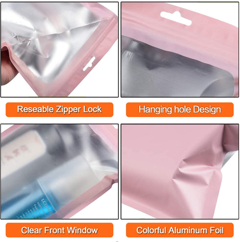 100-pack resealable mylar bags with front window Smell Proof bag packaging pouch bag for lip gloss eyelash cookies sample food jewelry electronics |flat|cute|(Pink, 3.54—4.72 inches)