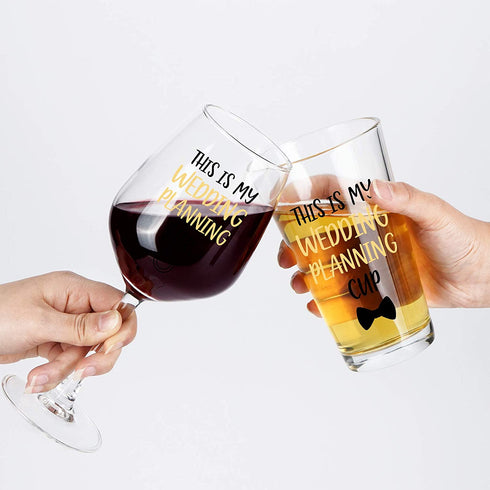 This is My Wedding Planning Cup, Beer Glass and Wine Glass Set for Him Her Couples Newlyweds Engagement Party Wedding Valentine's Day, Novelty Wedding Gift Idea for Bride and Groom, 15Oz (Set of 2)