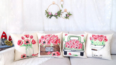 4TH Emotion Spring Tulips Pillow Covers 18x18 Set of 4 Easter Farmhouse Decor Valentines Decoration Mothers Day Cushion Case for Sofa Couch Polyester Linen