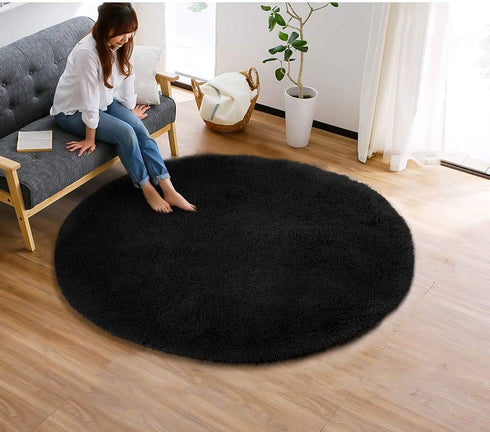 YOH Fluffy Soft Round Area Rugs for Kids Girls Room Princess Castle Plush Shaggy Carpet Cute Circle Furry Nursery Rug for Teen's Bedroom Living Room Home Decor Big Circular Floor Carpet 4'x4' Black