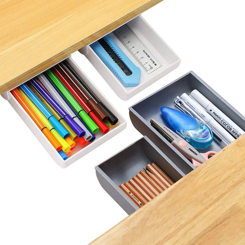 4 Pieces Under Desk Drawer Organizer, 8.8" Long, 3.5"/5.3" wide,Vankcp Expandable Self-Adhesive Drawer, Pop-Up Hidden Drawer Organizer Storage Set for Office School Home Desk, White,Gray