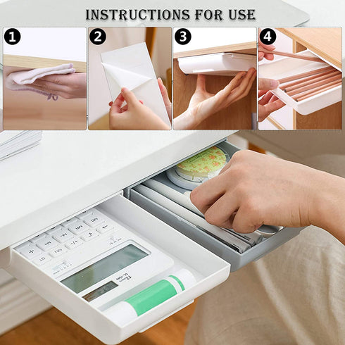 4 Pieces Under Desk Drawer Organizer, 8.8" Long, 3.5"/5.3" wide,Vankcp Expandable Self-Adhesive Drawer, Pop-Up Hidden Drawer Organizer Storage Set for Office School Home Desk, White,Gray