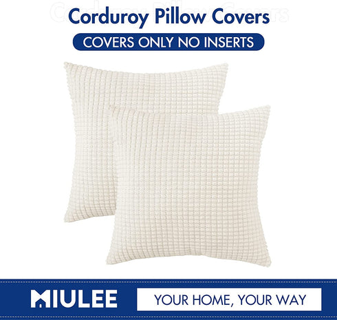 MIULEE Pack of 2 Decorative Throw Pillow Covers Soft Corduroy Solid Outdoor Pillow Cases Spring Cream White Pillowcases for Couch Cushion Sofa Bedroom 20 x 20 Inch