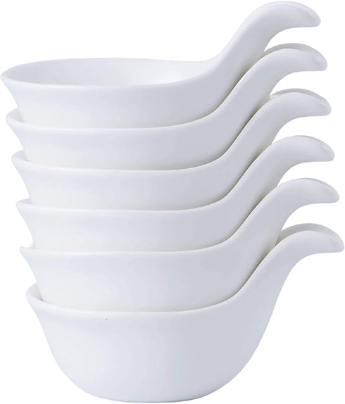 Bruntmor Matte Glazed Set Of 6 Side Dish Porcelain Dip Bowl Set with Handle, for Soy Sauce, Ketchup, Appetizer, For BBQ and Dinner, 3 ounce, White