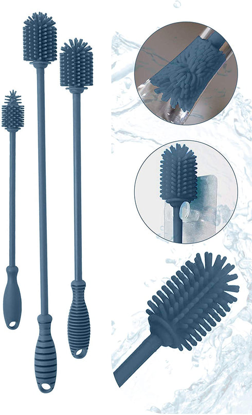 Long Silicone Bottle Brush - Professional Scratch Free Material, Silicone Handle with Firm Grip, Narrow Bottle Neck Cleaning (Blue)