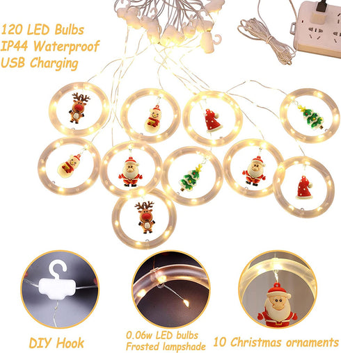 Christmas Window Lights, 120LED 18ft Curtain Fairy String Lights with 10 Santa Claus Ornaments, Christmas Tree Lights for Indoor Outdoor Wedding Party Decorations