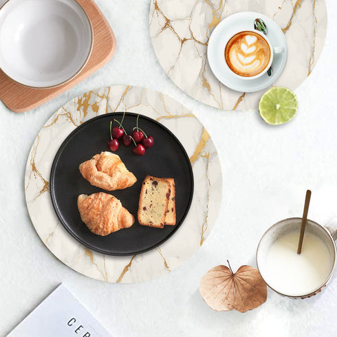Round Leather Placemats Set of 4 PU Waterproof Non-Slip Washable Heat Resistant Place Mat for Kitchen Dining Table - Marble Gold Line