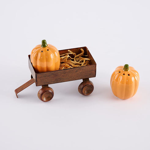 Mud Pie PUMPKIN SALT AND PEPPER, shaker 2 1/4" x 1 3/4" dia | wagon 1 1/2" x 3" x 2"