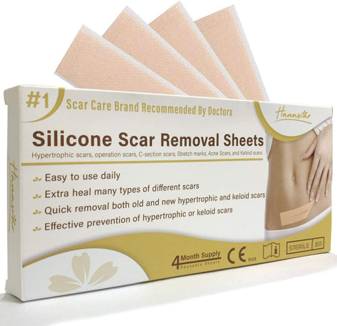Silicone Scar Removal Sheets, Scar Away Silicone Scars Sheets for C-Section, Acne, Surgery Injuries, Keloid, Burn, Stretch Marks, Works on Recent & Old Scars, 4 Sheets 5.7’’ x 1.57”