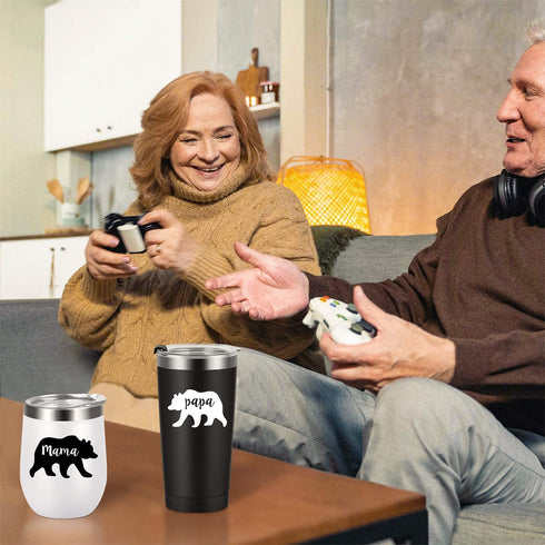 Gingprous Mama Bear, Papa Bear Set, Gifts for New Parents New Mom and New Dad Pregnancy Couples, Insulated Stainless Steel Wine Tumbler and Travel Tumbler with Lids(2 Pack, Black and White)