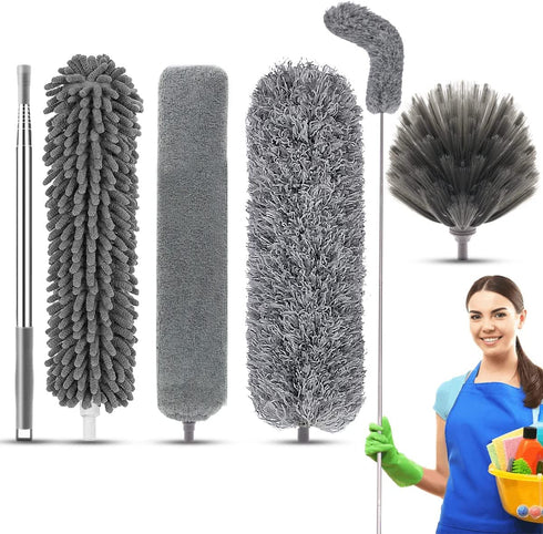 5PCS Microfiber Duster, Feather Duster with 100 Inches Stainless Steel Extension Pole, Reusable Bendable Washable Cobweb Dusters for Cleaning Furniture, Blinds, Cars, Gap, Ceiling Fan, High Ceiling