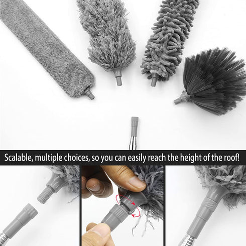 5PCS Microfiber Duster, Feather Duster with 100 Inches Stainless Steel Extension Pole, Reusable Bendable Washable Cobweb Dusters for Cleaning Furniture, Blinds, Cars, Gap, Ceiling Fan, High Ceiling