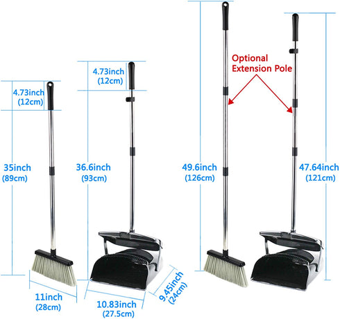Broom and Dustpan Set with Lid Outdoor Or Indoor Dust Pan with Combo 3 Foot Long Stainless Standing Upright for Room Office Home Kitchen Floor Whisk Brush Set Lobby Clean The Pet Dog Hair (Black)