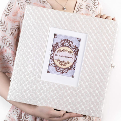13x13 Photo Album Scrapbook Large Sticky Pages Self Adhesive 4x6 5x7 8x10 Fit Any Size of Photos Stamps Tickets with DIY Cut-Out Window Beige 30 Sheets-White
