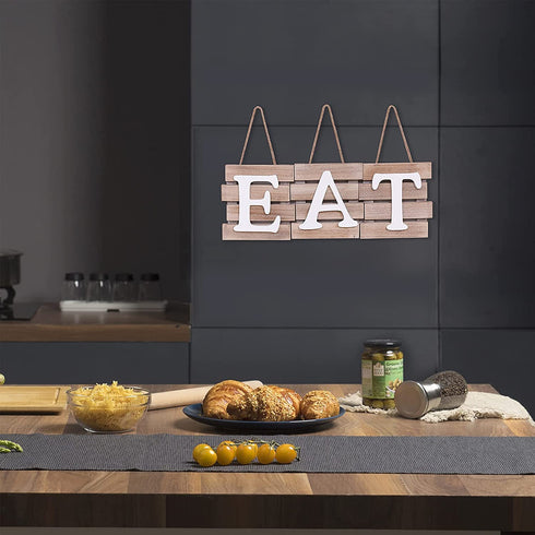 Eat Signs Wood Wall Art Wall Decor Plaque with Hanging Rope 3 Pieces Decorative Rustic Farmhouse Country for Kitchen Dining Living Home Decoration (White)