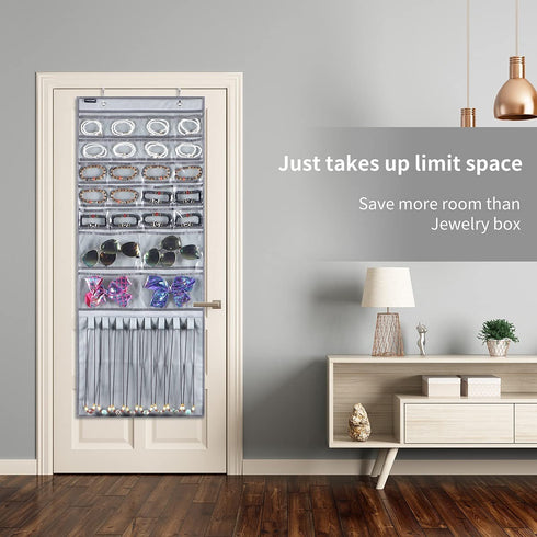 ANZORG Over The Door Hanging Jewelry Organizer Wall Mounted Earring Holder with 24 Clear Pockets and 8 Hook Loops for Necklace Bracelet Ring (24 Pockets and 8 Hook Loops-Grey)