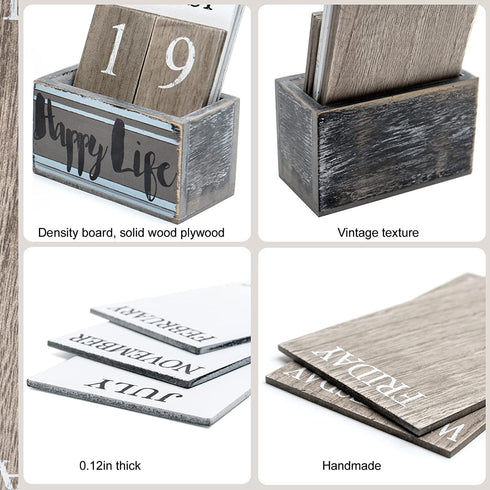 Gaobei Perpetual Calendar Wooden Calendar Blocks Vintage Wood Block Calendar for Home Office Desk Accessories Week Month Date Display (Happy Life)