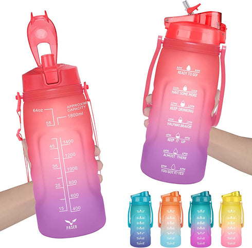 PASER 64oz Water Bottles with Times to Drink, 2 in 1 Lids(Chug and Straw) Tritan Leakproof BPA Free Sports Motivational Water Bottle with Replaceable Handle & Strap(Included Bottle Brush)
