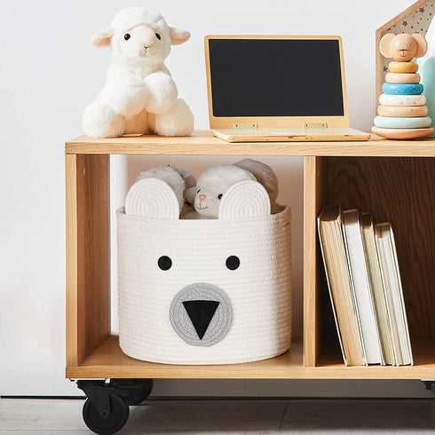 CherryNow Bear Basket, Cotton Rope Basket, Woven Laundry Hamper, Toy Storage Bin for Kids, Clothes in Bedroom, Baby Nursery & Living Room, 10'' (H) x 12'' (D)