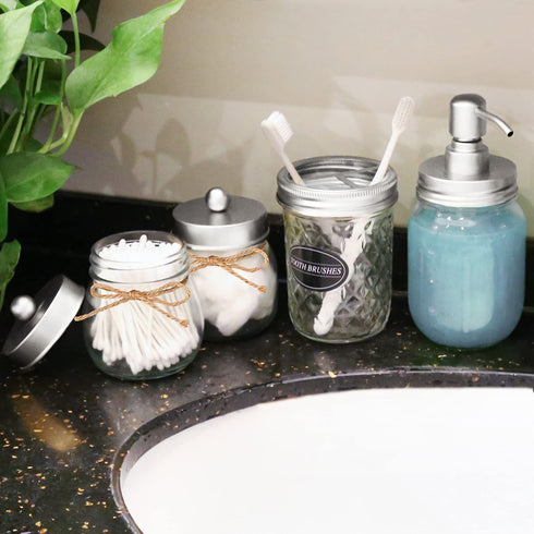 CERBIOR Mason Jar Bathroom Accessories Set 4Pcs,Lotion Soap Dispenser &2 Apothecary Jars &Toothbrush Holder,Bathroom Home Decor Craft. Nickel