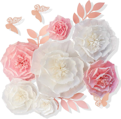 13 Pieces 3D Paper Flowers Pink White with Trees 10" 8" 6" 4" Craft DIY Large Wall Decorations Pom Pom Giant Backdrop Photo Booth Baby Shower Decor Centerpiece Wedding Birthday Party Craft Art