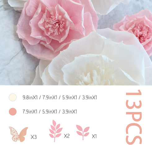 13 Pieces 3D Paper Flowers Pink White with Trees 10" 8" 6" 4" Craft DIY Large Wall Decorations Pom Pom Giant Backdrop Photo Booth Baby Shower Decor Centerpiece Wedding Birthday Party Craft Art
