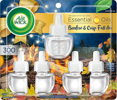 Air Wick Plug in Scented Oil 5 Refills, Bonfire and Crisp Fall Air, Essential Oils, Air Freshener