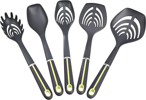 Amazon Basics 5-Piece Nylon Kitchen Cooking Utensil Set, Soft Grip Handle, Grey and Green