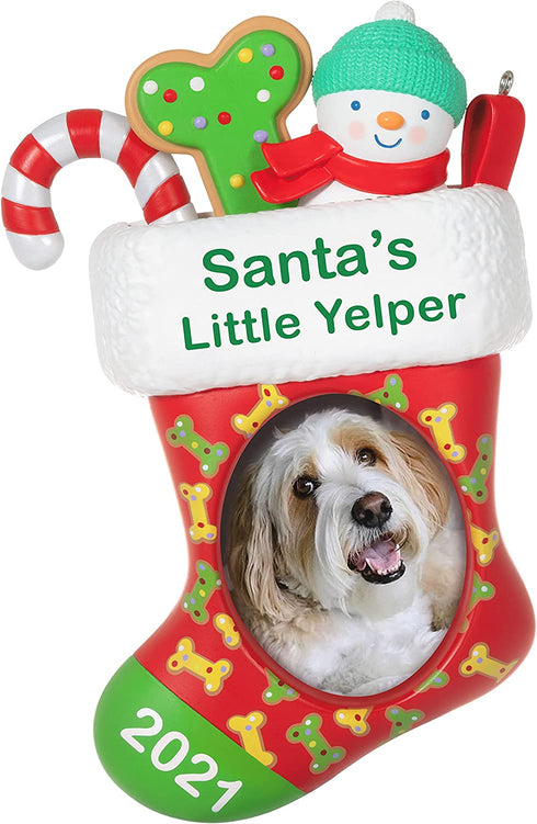 Hallmark Keepsake Christmas Ornament, Year Dated 2021, Santa's Little Yelper Dog Stocking Photo Frame