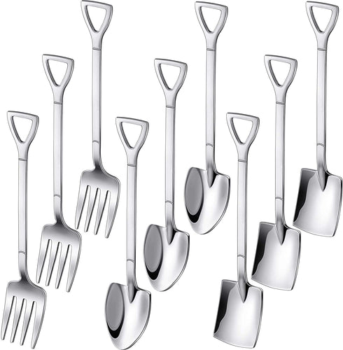 9 Pcs Mini Shovel Spoons and Fork Set for Desserts Include 3 Shovel Shape Spoons 3 Pointed Spoons and 3 Stainless Steel Fork Spoons Ice Cream Spoons for Home Party Kitchen Restaurant Bistro (Silver)