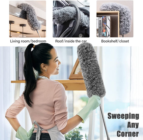 Microfiber Duster, Dusters for Cleaning, with Extension Pole (Stainless Steel) 30 to 100 Inches, Washable Lightweight Cobweb Duster Ceiling Fan, High Ceiling, Blinds, Furniture, Cars