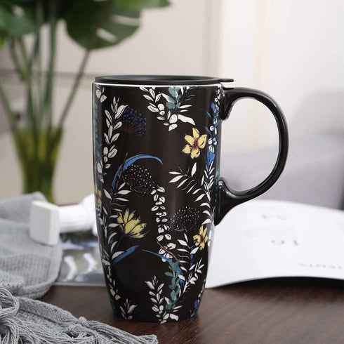 TZSSP Coffee Ceramic Mug Porcelain Latte Tea Cup With Lid 17oz. Black