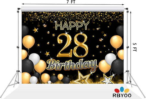 RBYOO 28th Gold Black Happy Birthday Backdrop for Girls Women Boy Men 7x5ft Photography Background Banner Birthday Party Decorations Photo Booth Props
