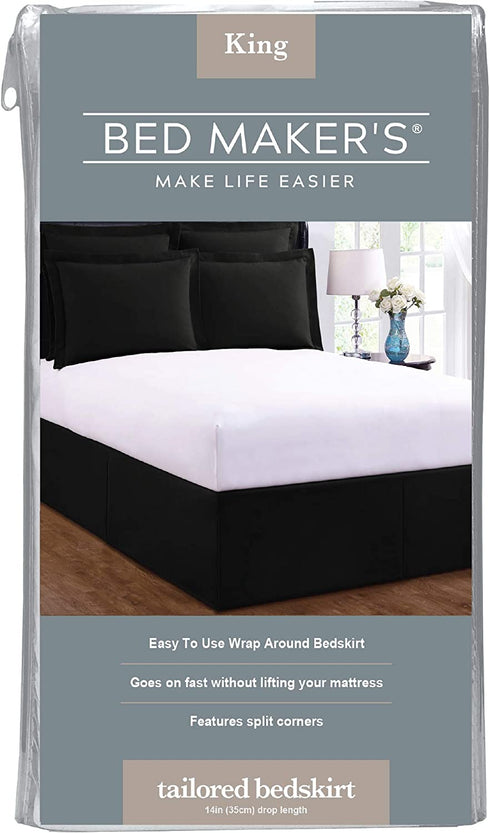 Levinsohn Bed Maker's Tailored Wrap-Around Bedskirt Never Lift Your Mattress Classic 14 Drop Length Pleated Styling, King, Black