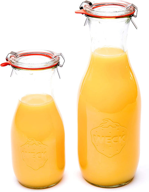 Weck Juice Jar Combo Pack - (1) 766 1-Liter jar (1) 764 1/2-Liter jar with Glass Lids, Rubber Rings and Steel Clamps