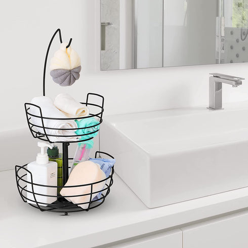 Fruit Basket, Auledio Fruit Bowl 2 Tier Fruit Basket for Kitchen with Banana Hanger, Fruit Bowl for Kitchen Counter Bread Basket Fruit Holder