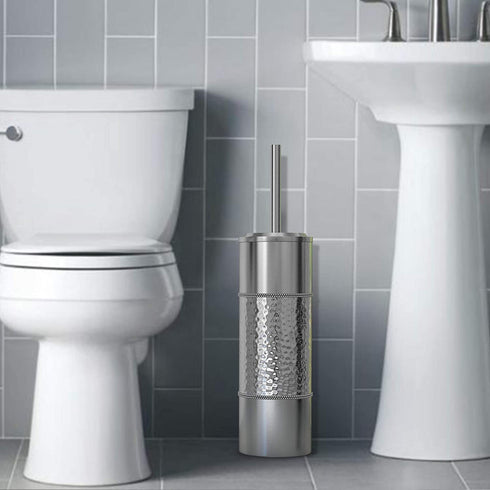 nu steel Hammer Detail Stainless Steel Toilet Brush with Covered Metal Case Finish Comes with a Complete Plastic Liner Inside to Prevent Dripping, Silver